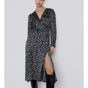 Zara satin effect print floral dress midi black